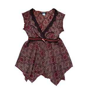 Vintage Y2K Fairy Boho Lace Trim Handkerchief asymmetrical Hem Tunic Top Medium